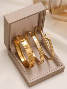 4-Leaf Clover Zirconia Stainless Steel Bracelet & Bangle Set For Women, Fashionable Luxury Accessory For Daily, Party, Couple Date, Gift (No Gift Box Included) - Yellow Gold - View 9