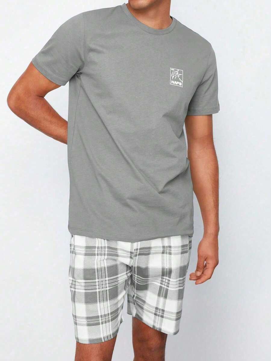 2pcs Plaid & Printed Short Sleeve Shirt & Shorts Pajama Set For Men, Lightweight, Summer - Grey - View 1