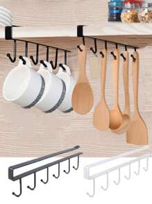 1pc White And Black Hook Cup Rack Storage Rack 6 Hooks Suitable For Cabinet, Pot, Shovel Rack, No Need To Drill Storage Rack