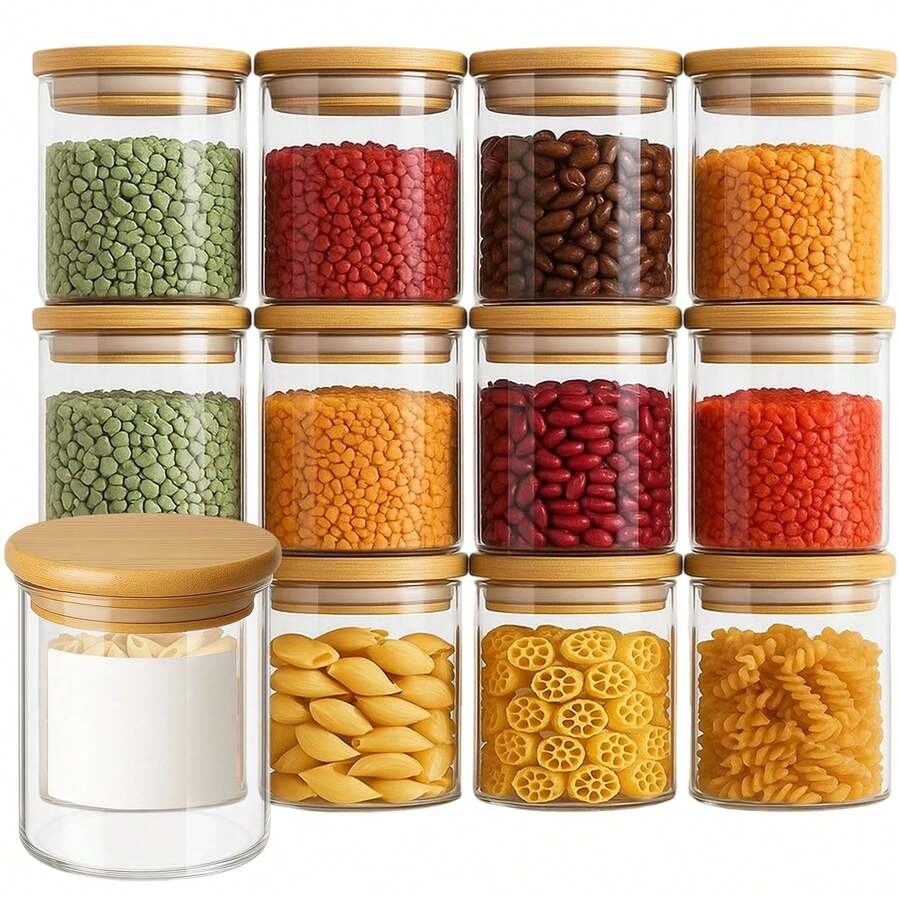 12 Pcs Glass Spice Jars With Bamboo Lids 8oz/250ml Square Storage Jars Airtight Spice Jars With Lids Glass Container For Spice Salt Sugar Seeds Nuts Etc (12, Circular) - 無色 - 查看 1