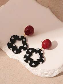 2 件复古撞色镂空波尔卡圆点花卉耳夹，时尚独特几何无穿孔耳环，女士珠宝配饰 - 紅色 - 查看 6
