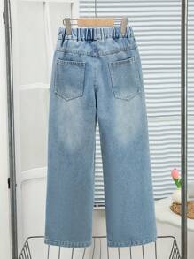 Jeans a vita alta e gamba ampia con ricamo a cuore per donne e ragazze, design in vita elastico, stile casual da campus con semplice maglietta bianca, adatto per scuola, strada, appuntamenti, attività all'aperto, uso quotidiano