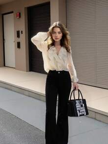 Seelio Summer New Arrival Women Layered Ruffle Trim Blouse - Apricot - View 3