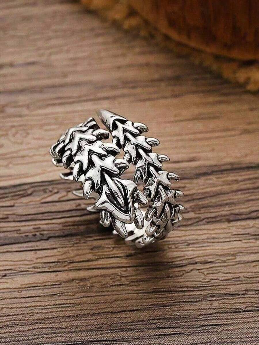 复古哥特朋克骷髅脊柱戒指 - 可调节男女通用缠绕带，合金材质，非常适合万圣节、生日和主题派对 - 復古銀色 - 查看 1