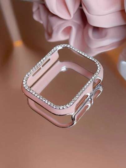 1PC Pink Shiny Rhinestone Decor Hollowed Out Case Flashing Anti-Fall Laser Engraving Bumper Cover, For Apple Watch Case 40/41/42/44/45/46/49MM, For Apple Watch Series Ultra/SE/11/10/9/8/7/6/5/4, Intelligent Watch Case Accessories