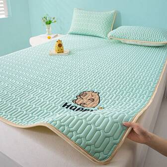 1 件可爱卡通印花凉垫 - 可机洗，可折叠，亲肤涤纶垫，带有“快乐”图案，黄色和白色，非常适合卧室、酒店房间装饰、酒店房间必需品 | 俏皮设计 | 耐用床垫套，床垫保护套