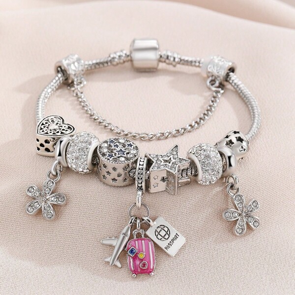 1 pulseira feminina ajustável com desenhos de flores, aviões, estrelas, corações e estrelas de cinco pontas, adequada para o Dia dos Namorados e uso diário