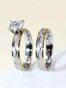 2pcs Stainless Steel Couple Rings, Fashionable European And American Style Diamond Rings, Sandblasted Stainless Steel Rings With Cubic Zirconia, Wedding Rings, Valentine's Day Gifts