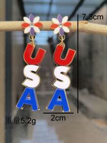 2pcs Of Fashionable American Independence Flower USA English Letters Red, White And Blue Color Matching Earrings Simple Style Acrylic Color Matching Women's Pendant Earrings Suitable For Independence Day Special Event Occasions Theme Party