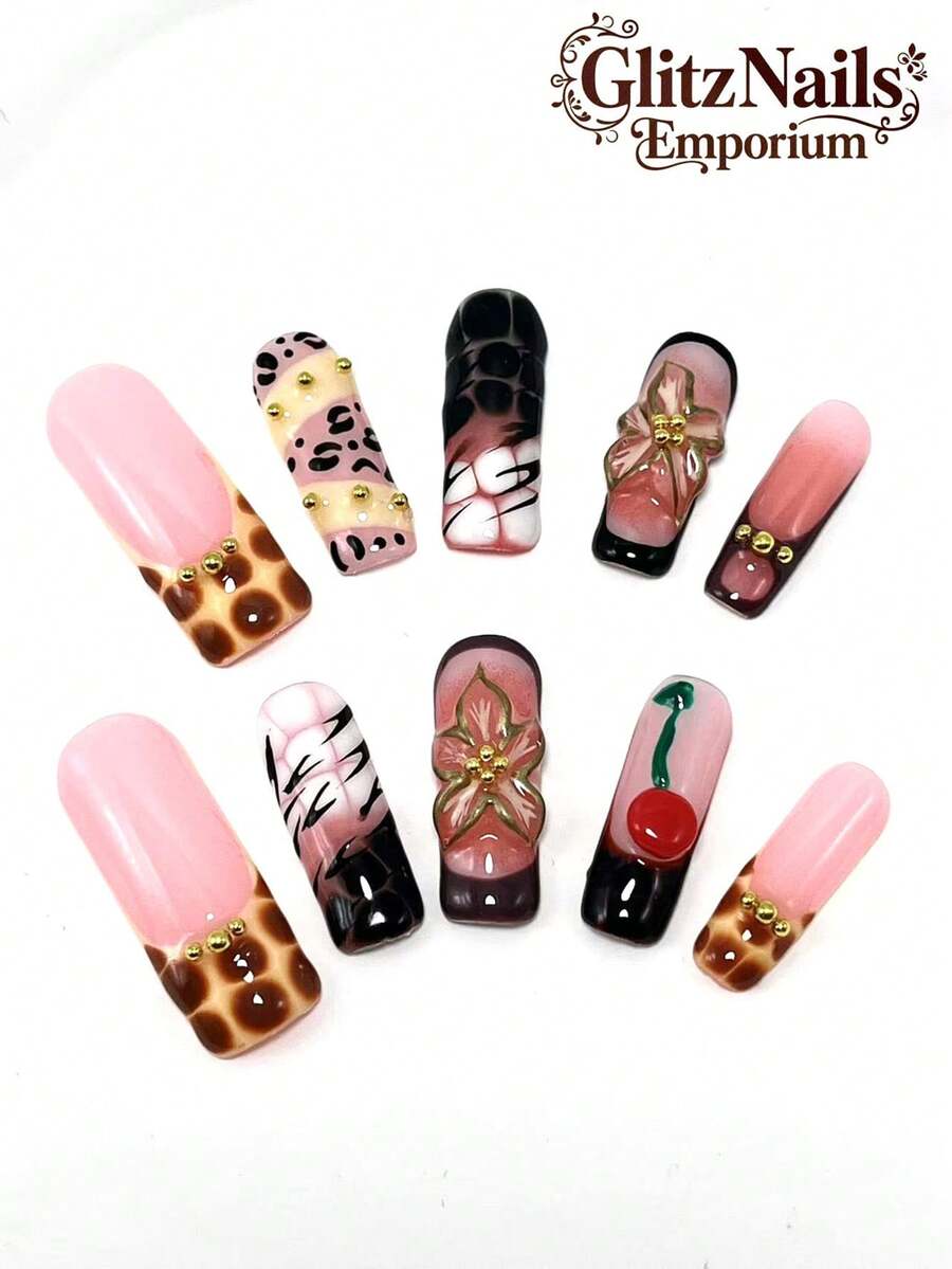 Ręcznie robione 10 sztuk kwadratowych paznokci o wymiarach 3,3 cala, ręcznie malowane, francuski manicure, gradientowy, ręcznie malowany brokat, ręcznie robione, rzeźbione, trójwymiarowe koraliki z pianki, modne i uniwersalne, odpowiednie na różne okazje, na każdą porę roku, do wielokrotnego noszenia, idealne jako prezent dla przyjaciółek, dziewczyn, krewnych, na Nowy Rok, Walentynki i urodziny. Nakładane paznokcie, artykuły do paznokci, paznokcie - Wielokolorowe - Zobacz 1