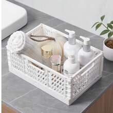 1pc Plastic Desktop Storage Box, Foldable Multifunctional Portable Organizer Basket, Stackable & Foldable Storage Basket For Makeup, Jewelry, Bedroom Vanity, Office & Kitchen, Organizer Tray With Divider For Utensils, Stationery, Snacks And Miscellaneous ItemsSimple, Hollow Out Design, Solid Color