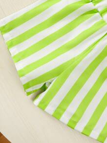 Set de 2 piezas de blusa sin mangas con botones a rayas y pantalones cortos a rayas para niñas, conjunto informal cómodo y de moda