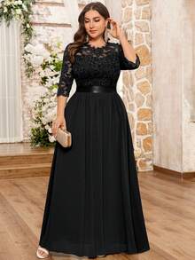 MIUSOL Plus Floral Lace Bodice Flare Hem Evening Party Maxi Formal Dress Black Elegant Prom Wedding Guest Gown, For Graduation, Dinner
