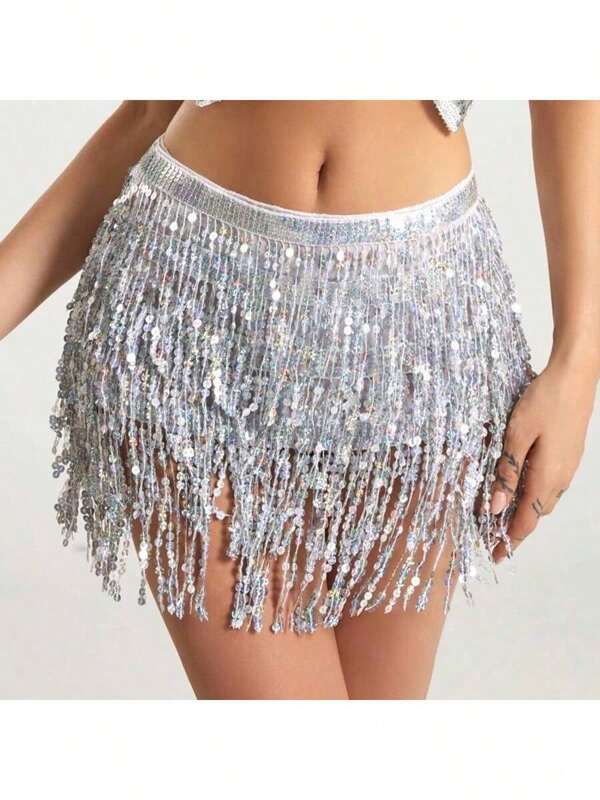 Falda de flecos con lentejuelas para mujeres, falda sexy de cadera ajustable con tirantes, falda envolvente de cadera, disfraz de carnaval, rave, danza y actuación
