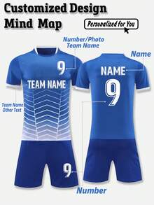2pcs Personalized Men's Football Jersey Jersey- Customized Text, Number And Logo Print Short Sleeve T-Shirt+Shorts Outdoor Sports Set Spring/Summer - Blue - View 1