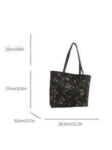 1 件黑色尼龙顺滑拉链蝴蝶印花铆钉时尚百搭夏季别致小众手提包，适合女性日常使用 - 黑色 - 查看 5