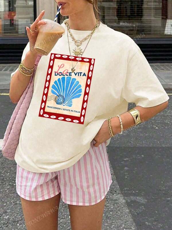 Women's Summer Shell Letter Pattern Print Round Neck Short Sleeve Simple Beach Casual Daily T-Shirt Tops Cute Tops Women's Summer Tops