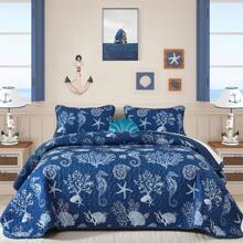 3 Pcs Coastal Bed Quilt Set Queen/King Size - Dark Blue Summer Nautical Beach Theme Quilted Blanket Thin Reversible Microfiber Bedding Lightweight Soft Bedspread Coverlet Sets For All Season, Room Decor (1 Quilt, 2 Pillow Shams)