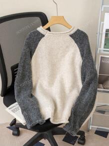 Vintage Colorblock Round Neck Long Sleeve Women's Thick & Loose Knitted Pullover Sweater, Autumn/Winter