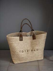 大容量休闲度假草编手提包，简约优雅女士单肩手提包 - 卡其色 - 查看 6