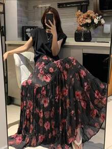 Women's Fashion Printed A-Line Skirt, Versatile & Flattering, Loose & Elegant - Black Powder - View 2