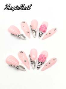 10 Pieces Of Pure Hand-Pressed Wearing Nails, 33mm Long Nail Pieces, Pink And White Contrasting Colors, Multiple Small Silver Balls Form Multiple Line Decorations, Convex Transparent Line Decoration, Hand-Made Convex Flowers Pink Colored Hand-Painted Spotted Small Ball Stamens, Hand-Painted Spotted Spots. Cute Nail Pieces For Spring And Summer. Suitable For Daily Leisure And Vacation Wear.