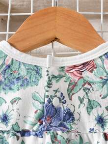 فستان بطبعات زهرية لوزينات وياقة دائرية وأكمام قصيرة مناسب للبنات، عصري وأنيق للارتداء اليومي الكاجوال في الصيف - الأزرق - مشاهدة 4