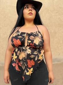 Truni Plus Size Halter Backless Tie Strap Autumn Maple Leaf Print Halter Top, For Summer