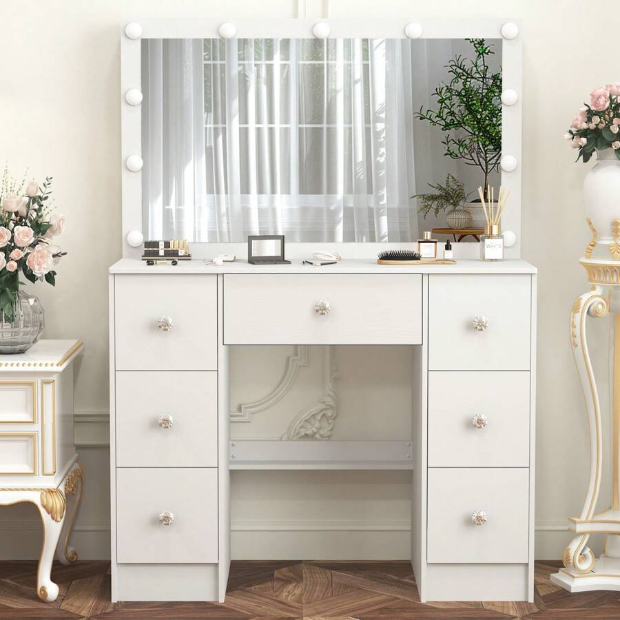 Teousev Dressing Table Large 7 Drawers Vanity Set Makeup Desk W/ LED Makeup Mirror White