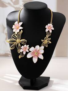 1 pieza Collar con gota de aceite de patrón floral hueco metálico, collar grande de flor dorada estilo europeo y americano