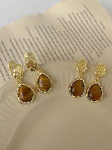 2pcs Maillard Tigereye Teardrop Clip On Earrings, Geometric Earrings No Piercing Required, Lightweight Luxury