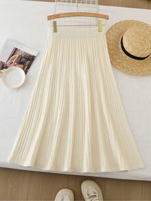 Fashion Casual A-Line Long Autumn Winter Rib Women Knit Skirt - Apricot - View 3