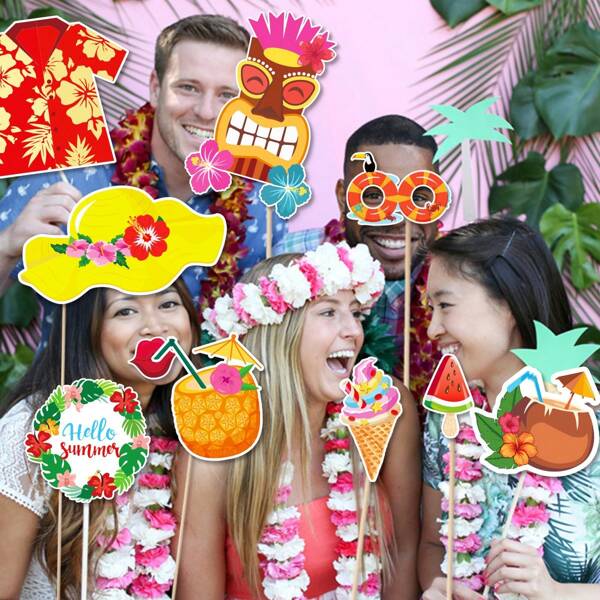 30 piezas Kit de accesorios para fotomatón de estilo luau/Kit de accesorios para fotomatón de selva, decoraciones de fiestas temáticas de animales salvajes del bosque, decoraciones de cumpleaños tropicales de Hawai, decoraciones de verano para playa y piscina.