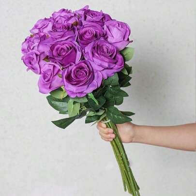 Nejlue Artificial Flowers/Plants1111 Home & Living 10 件紫色人造玫瑰花，丝绸长茎玫瑰花束，适用于家居装饰、房间装饰、花园装饰、墙壁装饰、室内外装饰、卧室装饰、婚礼装饰、餐桌装饰、圣诞装饰、派对装饰、生日装饰、秋季装饰