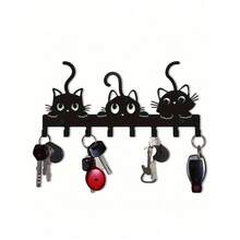 The Charming Cat-Themed Keychain Black Metal Wall-Mounted Storage Box Is Easy To Install And Very Suitable For Home Entrance, Living Room And Bedroom Decoration. Entrance Storage Box | Decorative Key Holder | Fashionable Black Finish - 黑色 - 查看 1