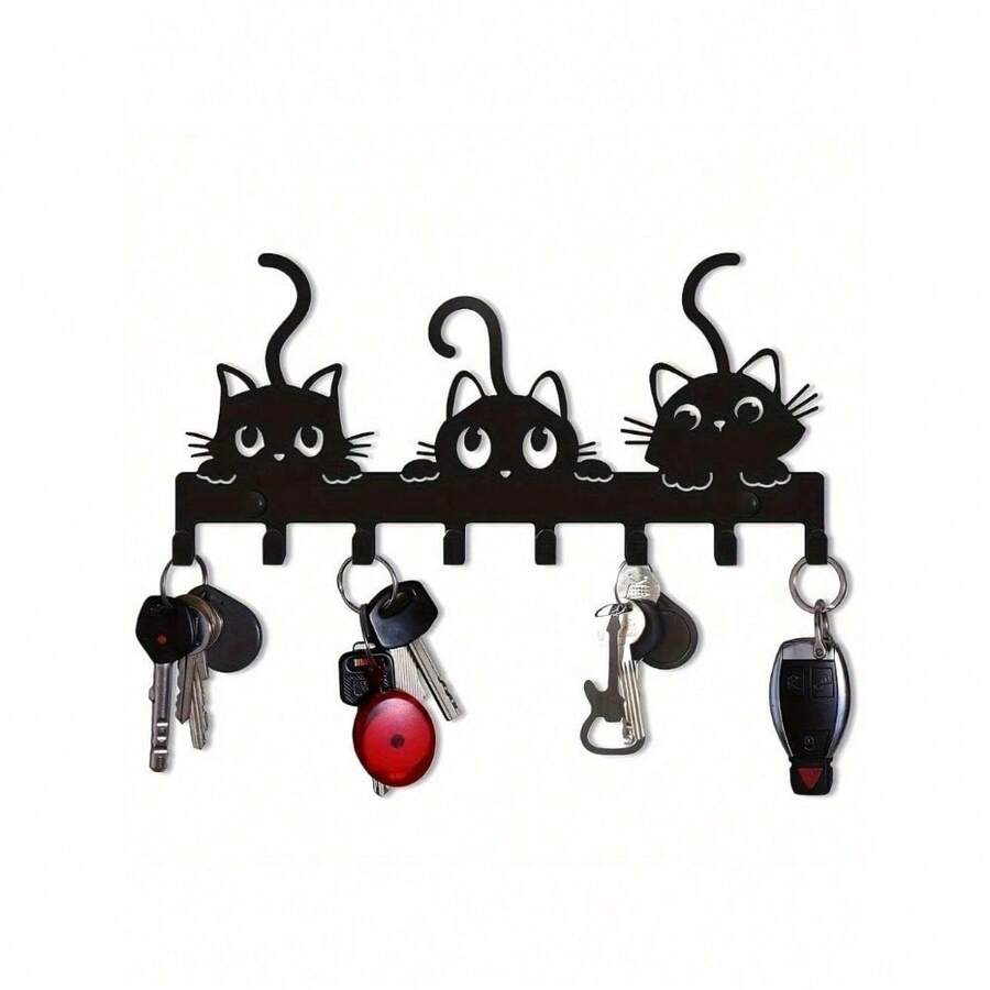 The Charming Cat-Themed Keychain Black Metal Wall-Mounted Storage Box Is Easy To Install And Very Suitable For Home Entrance, Living Room And Bedroom Decoration. Entrance Storage Box | Decorative Key Holder | Fashionable Black Finish - 黑色 - 查看 1
