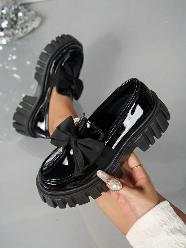 Chunky Sole Slip-On Women Glossy Leather Loafers With Black Bow Round Toe Student Flats, Korean Style Increased Height