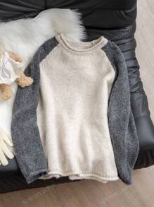 Vintage Colorblock Round Neck Long Sleeve Women's Thick & Loose Knitted Pullover Sweater, Autumn/Winter