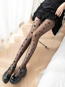 1 Pair Women Star Edge Print Patchwork Silk Stockings, Faux Thigh High Pantyhose Leggings