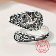 Vintage Bohemian Ring - S925 Silver Floral & Bird Design, Adjustable Open Band For Men & Women - 銀色 - 查看 6