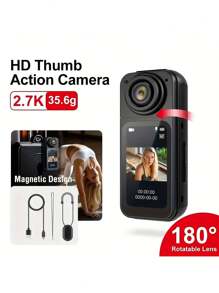 2.7K Ultra HD Fashionable Thumb Camera, Built-In WiFi, 180° Rotating Wide-Angle Lens, 1.47-Inch IPS Display Screen, Loop Recording, Wearable Mini Portable Vlog Camera, Magnetic Design, Suitable For Outdoor Travel, Sports And Fitness, Life Capture, Parent-Youngsters Activities, Adventure Photography