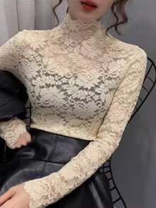 性感蕾丝立领修身长袖汗衫，2024年时尚女装