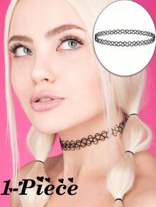 Xiacheng 1/3 Piece Tattoo Necklace Set: Necklace, Bracelet, Ring - Blending 90s Necklace Style And 2000s Y2K Retro Fashion - Adult Elastic Tattoo Style Jewelry Accessories - Black - View 8