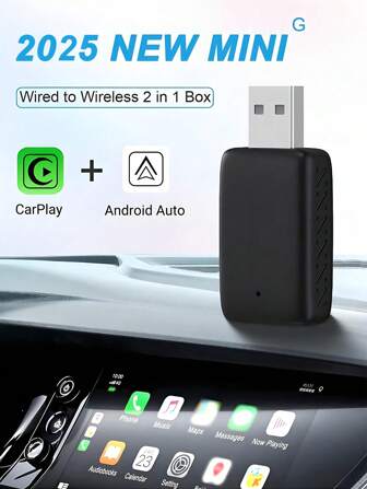 2025 新款迷你二合一无线地毯适配器兼容苹果和安卓，通用汽车无线适配器即插即用，自动有线转无线连接，支持 99% OEM 汽车的 OTA 升级 Carlay 迷你便捷手机/安卓 - 稳定点快速链接迷你 CarPlay 无线适配器和安卓车载无线适配器兼容手机/安卓 - 稳定快速连接，用于将工厂有线转换为无线 CarPlay
