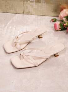 Oversized One Size Up Soft Leather Square Toe Slide Sandals, Open Toe Chunky Heel Sandals, Versatile Slim Strap Flip Flops For Women, Summer