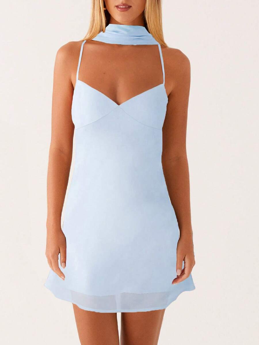 Women Y2k Floral Mini Dress Flower Halter Sheer Mesh Tie Back Short Dresses Summer Party Dress With Scarf - 淺藍色 - 查看 1