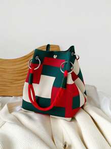 1pc Multicolor Geometric Pattern Knitted Handbag, Women Portable Foldable Dual Handle Small Tote Bag With Magnetic Closure, Suitable For Commuting, Vacation, Beach, Shopping