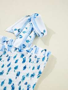 Acelitt Đầm chữ A màu xanh da trời nhạt với họa tiết hoa, xếp nếp và ren, thích hợp cho kỳ nghỉ hè thanh lịch. - Màu xanh nhạt - Xem 6