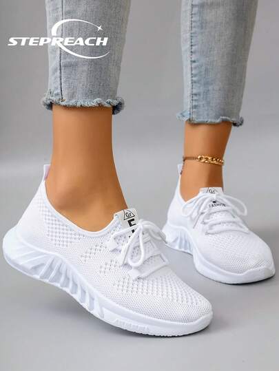 STEPREACH Fall/Winter Women's Casual Sports Mesh Shoes, Breathable Lightweight Lace-Up Solid Color Pink Bright Anti-Slip Wear-Resistant,Sneakers For Women