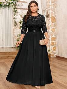 MIUSOL Plus Floral Lace Bodice Flare Hem Evening Party Maxi Formal Dress Black Elegant Prom Wedding Guest Gown, For Graduation, Dinner